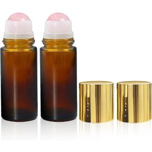 Warmify2 Pack Rose Quartz Roller Bottles for Essential Oils, 50ml Refillable Amber Glass Roll On Bottles with Natural Crystal Roller Balls, Leak-Proof Travel Perfume Bottle with Gold Caps