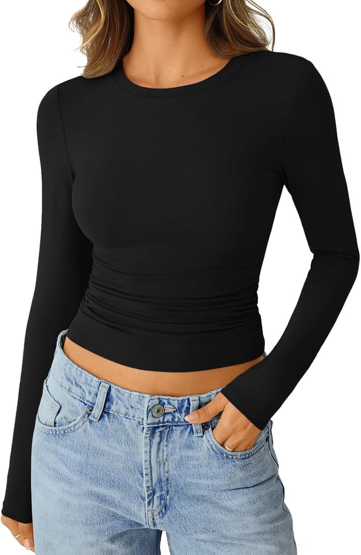 Trendy Queen Womens Long Sleeve Shirts Crop Tops Fall Fashion 2025 Going Out Basic Winter Clothes (Medium, Black)