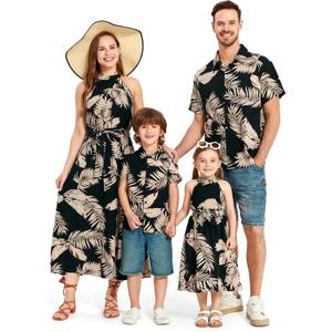 PATPAT Family Hawaiian Matching Outfits Mommy and Me Outfits Caribbean Vacation Summer Tropical Halter Sundresses and Shirts (Large, Black Palm Leaf)