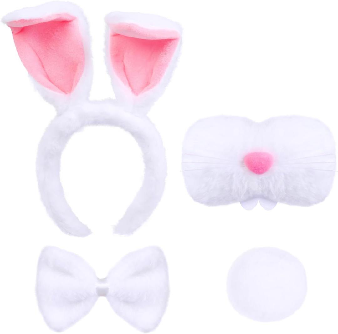 WOVOWOVO Bunny Ears Headband White Rabbit Costume, Bunny Ears and Tails Nose Bowties - Bunny Costume Set for Women Adult Halloween Party Favors (White)