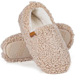 Women's Soft Curly Full Slippers - Memory Foam House Shoes Cozy Loafer with Polar Fleece Lining Indoor Lightweight House Slip-on (9-10 Narrow, Khaqi)