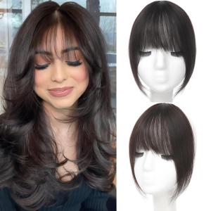 Clip in Bangs, 100% Real Human Hair French Fake Bangs Hair Clip for Women Brown Black Natural Curtain Fringe with Temples Hairpieces for Daily Wear（French, Brown Black）