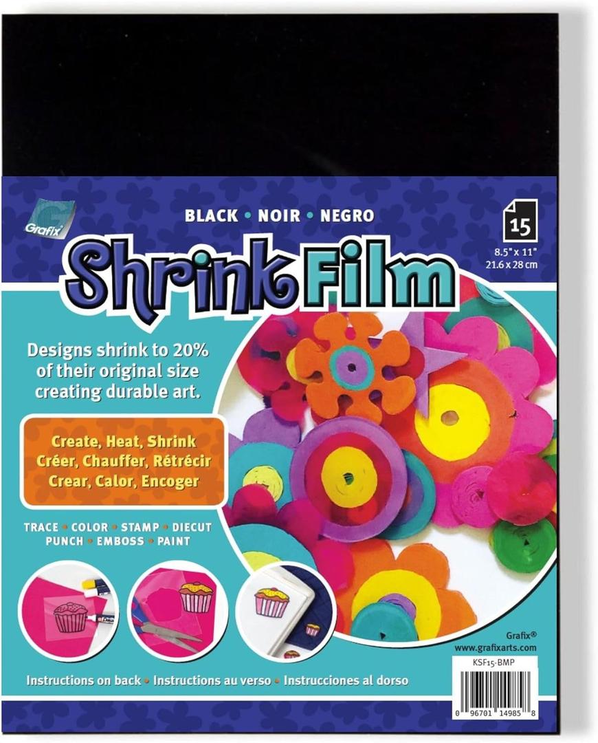 Grafix Shrink Film - Black Opaque 8.5"x11" Sheets, Design Your Art and Shrink It to Create Jewelry, Embellishments, Paper Crafts, Gift Tags, Ornaments and More, Pack of 15