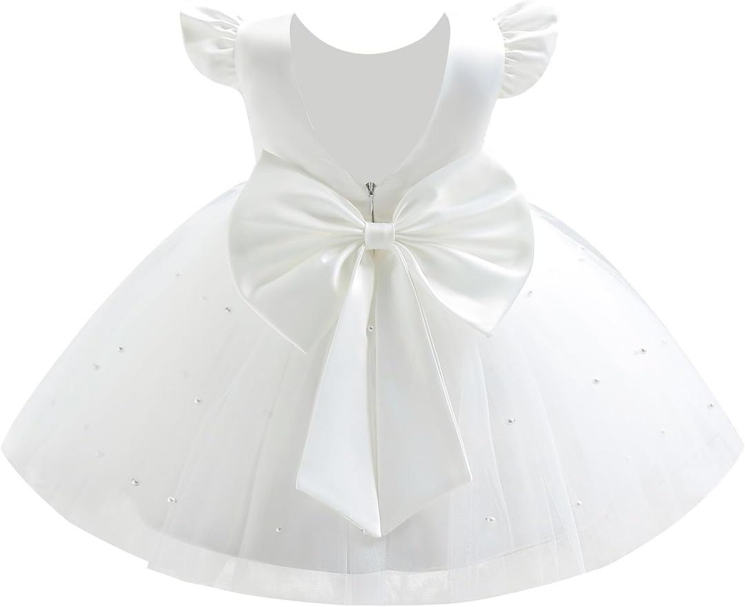 IDOPIP Flower Girl Bowknot Tutu Dress for Kids Baby Princess Wedding Bridesmaid Birthday Party Pageant Baptism Dresses (18-24 Months, White - V-back Bow)