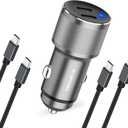 Purple Dual 45W USB C Car Charger, 90W Max Super Fast Charging, All Metal 12V Cigarette Lighter Adapter for iPhone 17 Pro Max/16/15/iPad, Samsung Galaxy S26/S25, Google Phone with 2 Type C Cable 3.3ft