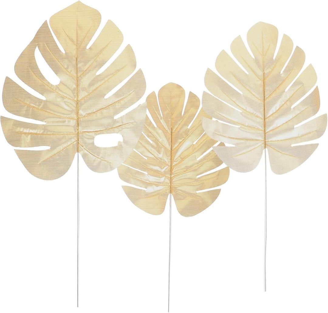 LIFKOME 12pcs Artificial Gold Palm Leaves Golden Monstera Artificial Decorative Leaves Golden Faux Tropical Leaves for Home Wedding Party Hawaiian Decoration (Size S+ +L)