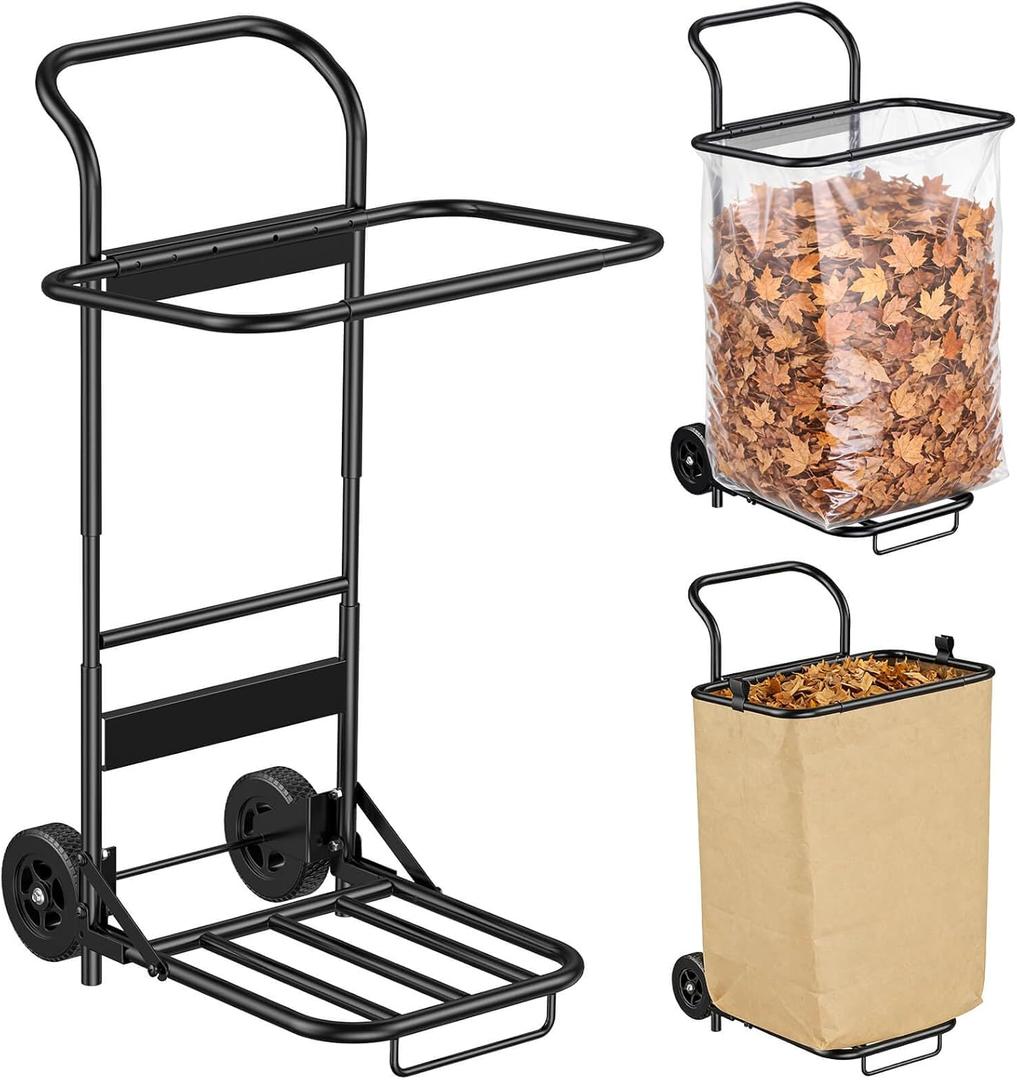 Wheeled Leaf Bag Holder Stand - Foldable Adjustable Trash Bag Holder for 30-50 Gallon Plastic & Paper Bags - Heavy Duty Outdoor Lawn & Yard Waste Bag Holder for Gardening, Camping & Cleanup
