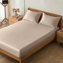 VACVELT 3-Piece Satin Fitted Sheet Set Queen Size, Beige Bottom Bed Sheet with 2 Pillowcases, Similar to Silk Sheets, Luxury & Silky Bedding Set, 15 Inch Deep Pocket