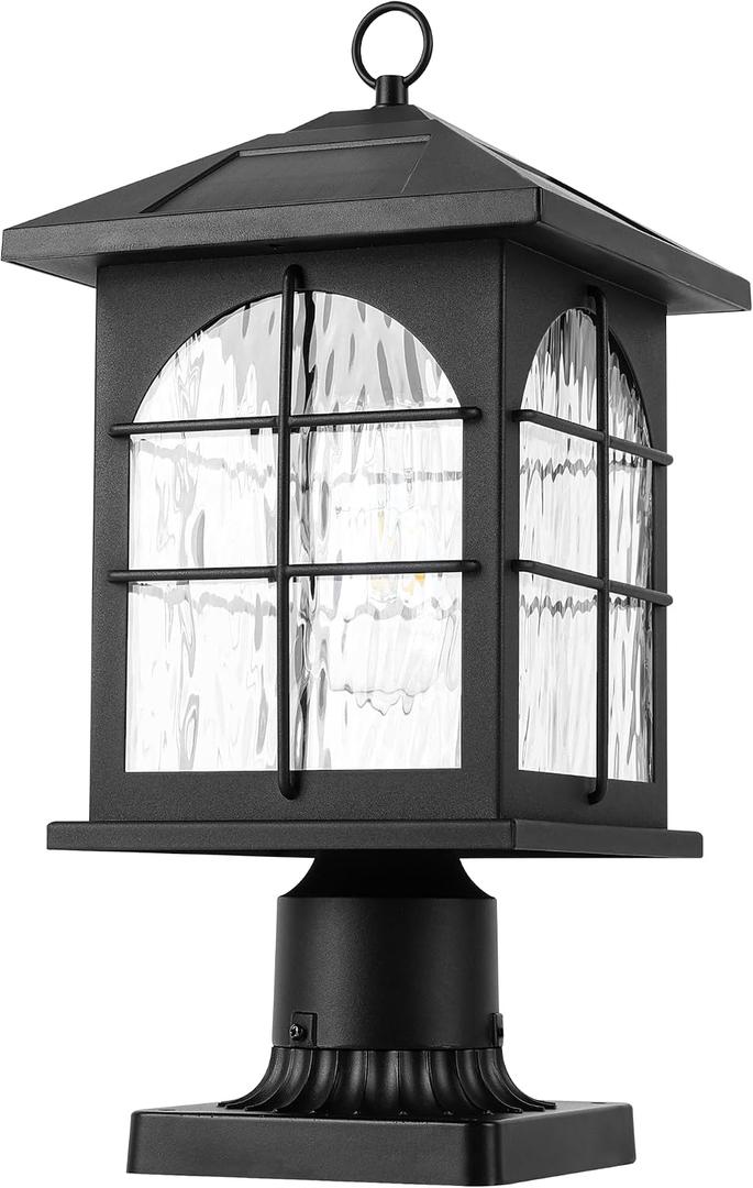 Solar Post Light Outdoor, Dusk to Dawn Outdoor Post Lamp, 3-in-1 Mounting (Pier/Pole/Hanging), Wireless Black Waterproof Fence Pole Light with Seeded Glass for Garden Yard Patio Entryway