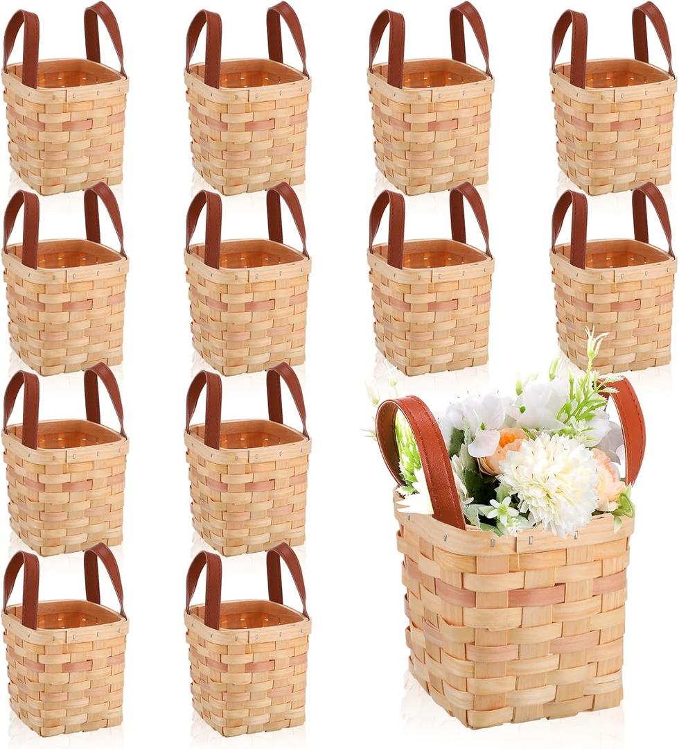 Rtteri 12 Pcs 4.5 x 4.5 x 4 Inch Woodchip Basket with Handles Small Wooden Decorative Woven Empty Baskets Picnic Square Mini Wicker Baskets Storage Basket Container for Organizing Snack Pantry