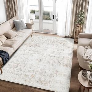 7 x Washable 810 Area Rug for Living Room, Vintage Floral Rug Soft Non Slip Stain Resistant Boho Carpet for Bedroom Dinning Room Home Office Beige