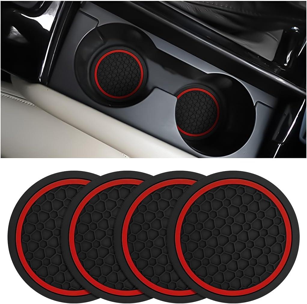Mandark 4PCS Car Cup Holder Coasters, 2.75 Inch Non-Slip Insert Water Bottle Holder Pads, Dustproof Automotive Interior Accessories Mat, Universal for Vehicles, Trucks, RVs and MoreBlack/Red