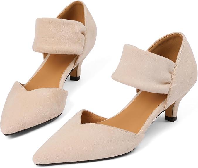 Womens Low Kitten Heels Closed Pointed Toe Slip on Pumps Ankle Strap Heels Sexy Elegant Bridal Party Dressy Shoes 7.5