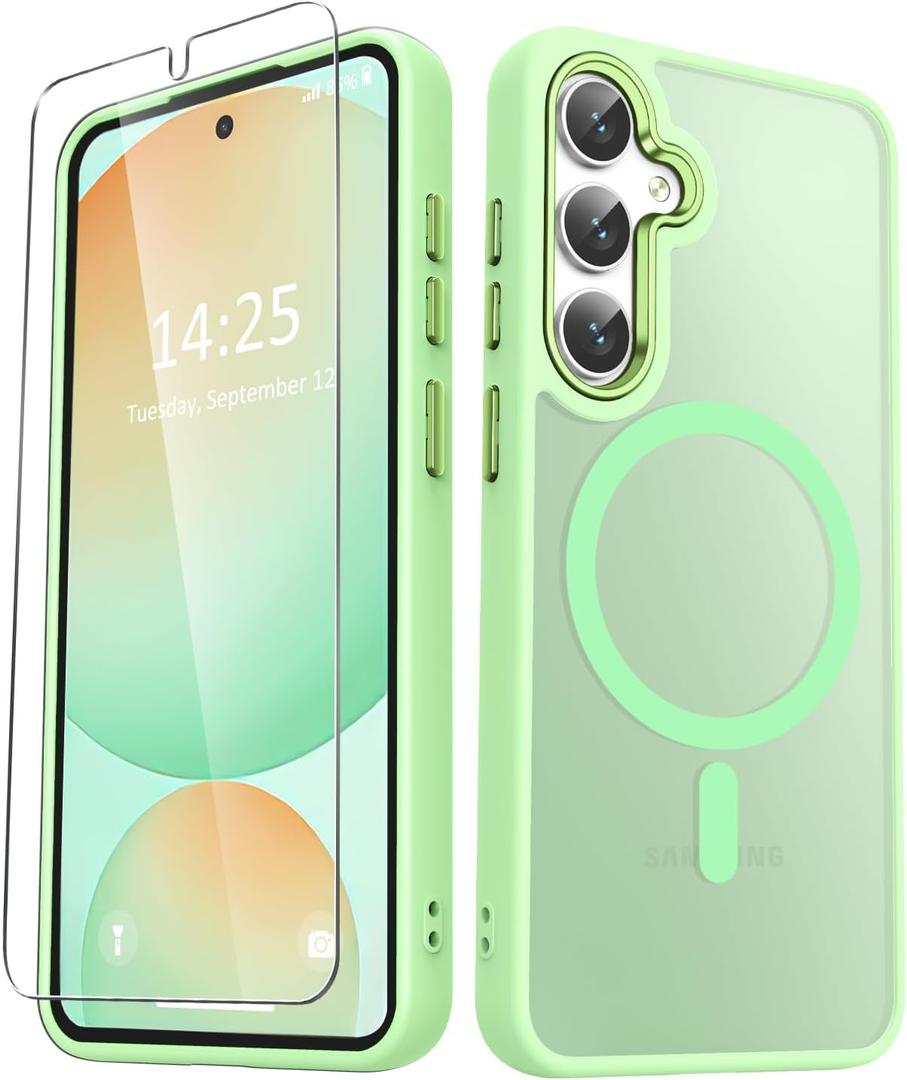 for Samsung Galaxy S25 Case, Matte Magnetic Phone Case with 1 Screen Protector, Support for Magsafe, Translucent Frosted Shockproof Protective Cover for Samsung Galaxy S25, Mint Green | Matte, Magnetic, Support for Magsafe, Translucent, Frosted