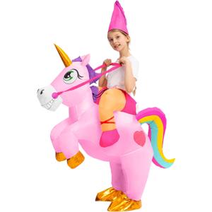 Spooktacular Creations Kids Inflatable Halloween Costume, Riding a Unicorn, Colorful Air Blow-up Set with Hat Hallowen Party (Medium, Pink)