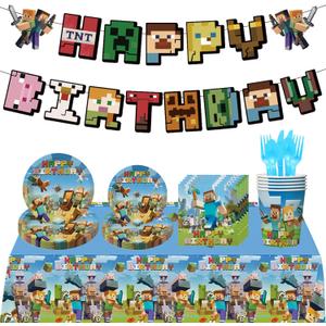 Pixel Birthday Party Decorations, Gamer Party Tableware Set Including Paper Plates, Banner, Napkins, Paper Cup, Tablecloth, Fork, Knife, Spoon (Green-1)