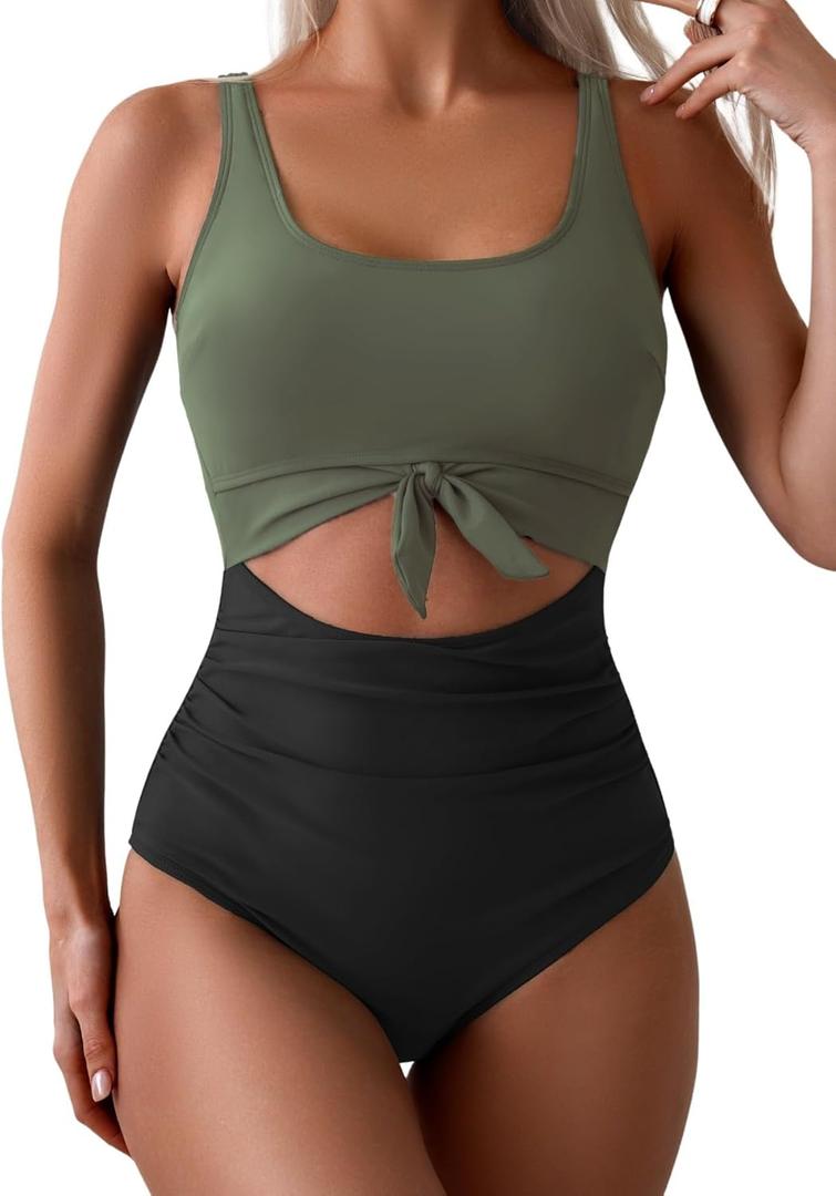 Eomenie Women's One Piece Swimsuit Tummy Control Slimming Bathing Suit Cutout Tie Knot Swimwear (Army Green, Black) S