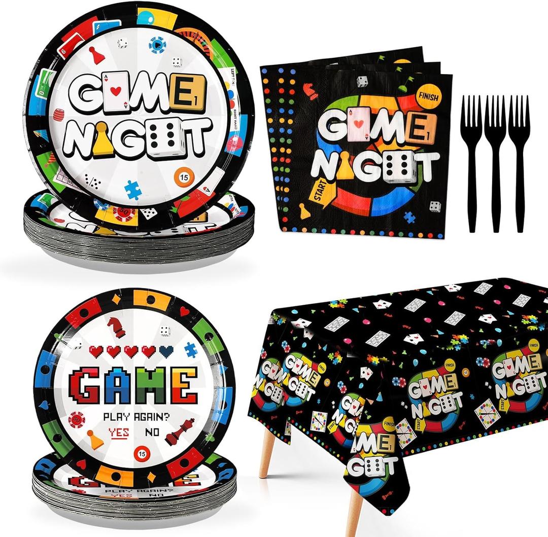 Grencian 98Pcs Family Game Night Party Decorations Game Night Plates Napkins Tablecloths Disposable Gaming Paper Tableware Set for Birthday Kids Adults Family Gaming Party Supplies, Serves 24