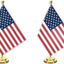 2 Pack USA American Desk Small Flag Set,58 Inch America Mini Desktop Table Banner,12" Metal Solid Pole Decor,Tiny Digital Printed Polyester Banner With Golden Base