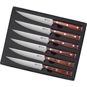 Set of 6 Steak Knives - Sturdy Full Tang Wood Handle, Fine Serrated Sharp Edge for Smooth Cutting - High Carbon German Stainless Steel - 5'' Dinner Knife Set with Gift Box
