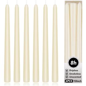 KORCCI Ivory Taper Candles 10 Inch - Set of 6 Long Candles, 8 Hours Long Burning, Smokeless & Unscented & Dripless, for Christmas Holiday Dcor, Weddings, Birthdays, Dinner, Rituals (Ivory)