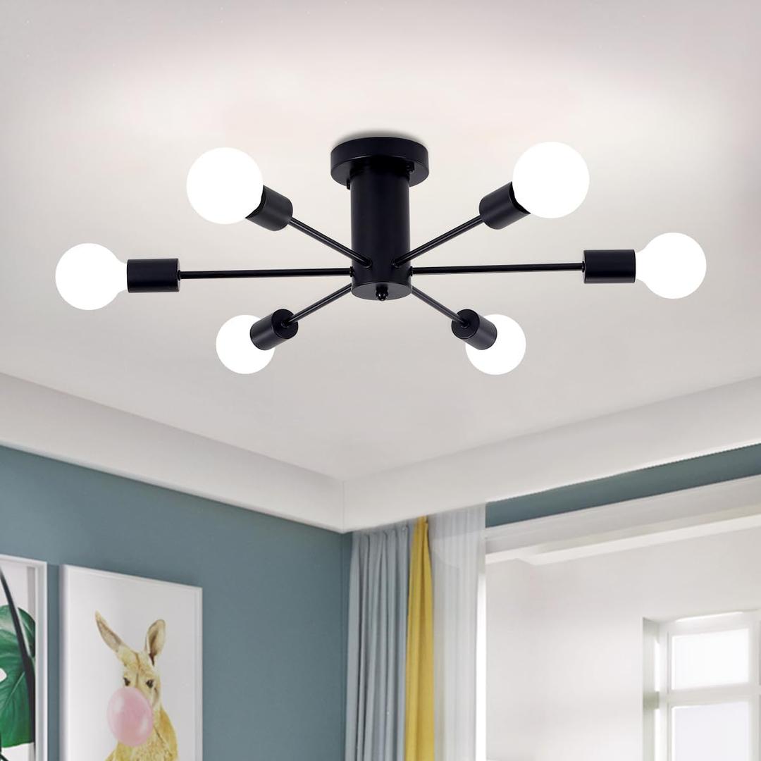 Black Modern Sputnik Ceiling Light Fixture, 6-Light Sputnik Chandelier, Semi Flush Mount Ceiling Light for Dining Room, Kitchen, Bedroom, Living Room Lighting Fixtures - E26 Socket
