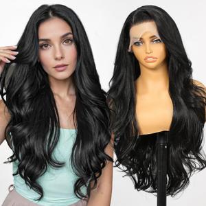 Black Synthetic Lace Front Wig,136 Body Wave HD Glueless Wigs for Women Natural Daily Use 28IN (1B)