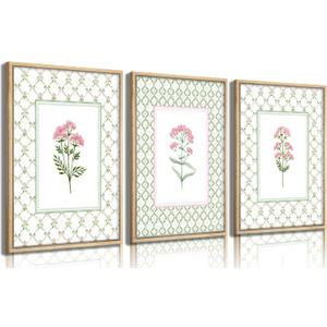 3PCS Green Plaid Pink Floral Wall Art Wildflower Baby Room Painting Picture Wall Decor Botanical Flower Boho Poster Print Artwork for Bedroom living room baby room children's room dining room Home Decoration (24L" x 16W")