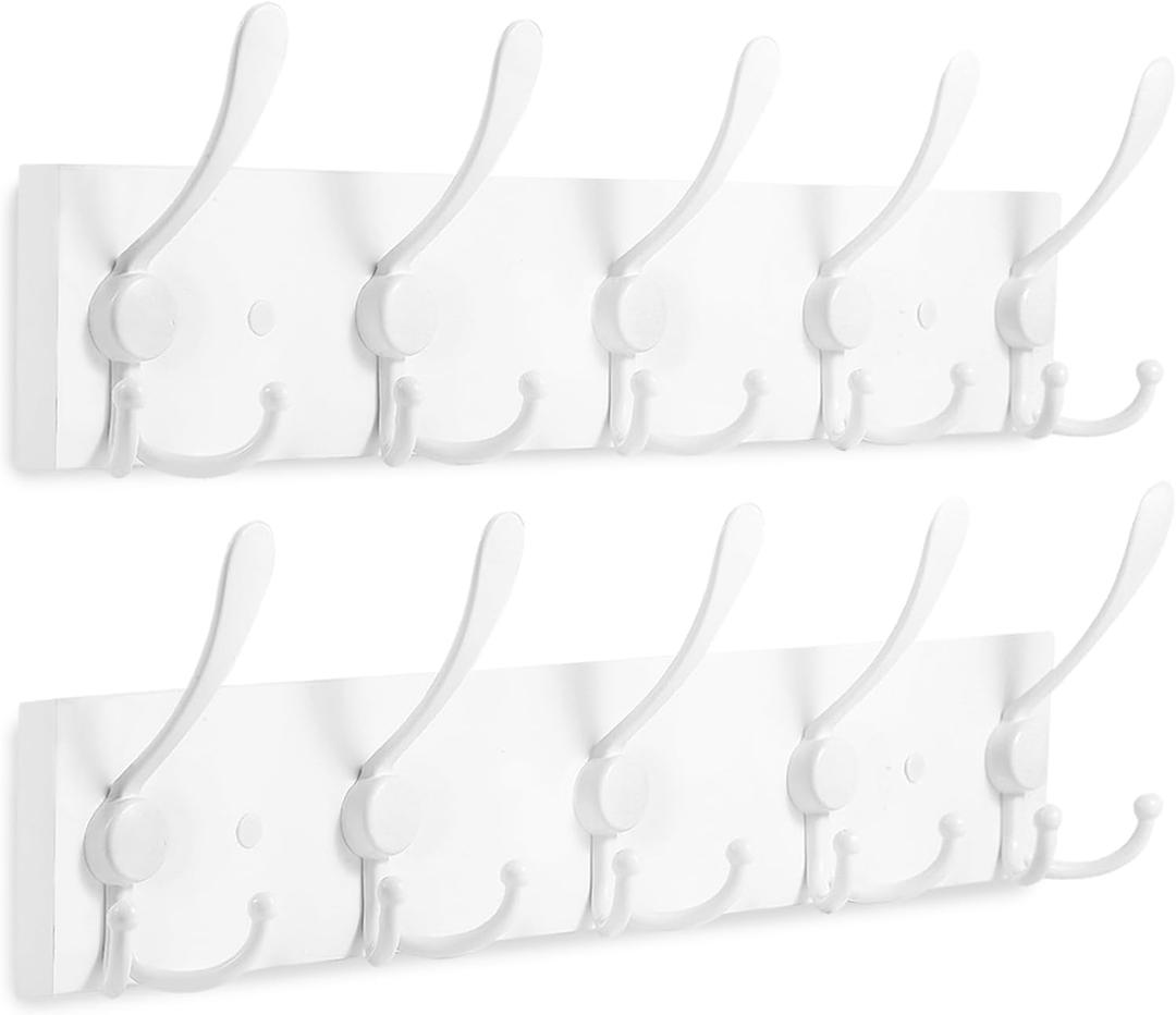Kuhome 2pcs Coat Rack Wall Mount Coat Hooks Wooden Hat Rack for Wall Hooks Pine Real Wood Plank 16.9" White Coat Hanger with 5 White Triple Hooks for Hanging Coat Hat Jacket