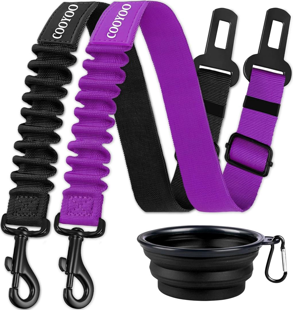 COOYOO Dog Seat Belt,3 Piece Set Retractable Dog Car Harness Adjustable for Vehicle Nylon Pet Safety Heavy Duty & Elastic (Set 04-Black+Purple)
