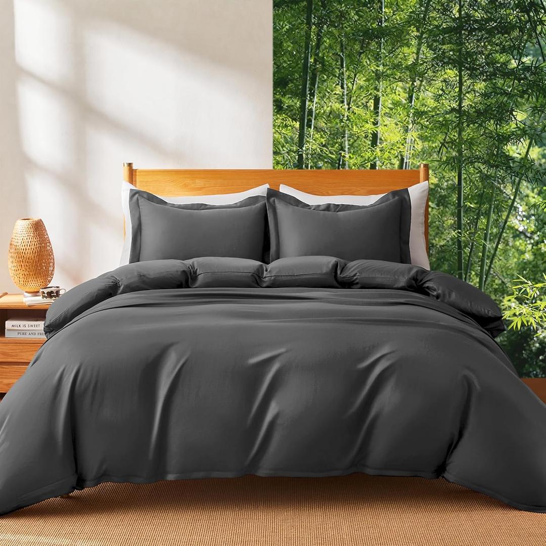 MR&HM Silky Cooling Duvet Cover Queen Size for Hot Sleepers 90"x90", Breathable & Moisture-Wicking Comforter Cover, 3 Pieces Ultra-Soft Bedding Duvet Cover Set with Zipper Closure (Dark Grey)