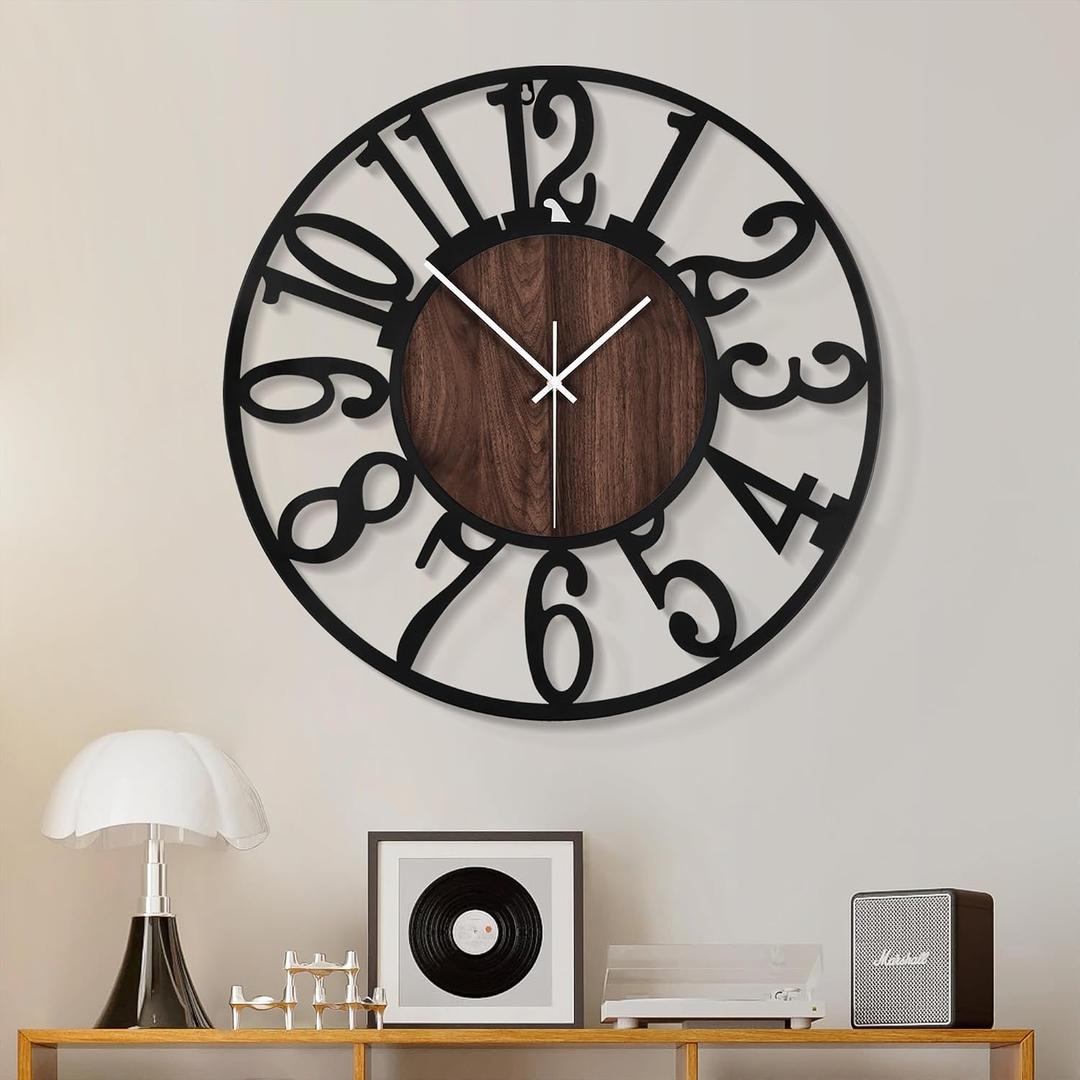 1st owned Large Wall Clock for Living Room Decor- 20" Decorative Antique Silent Non Ticking,Battery Operated,Black Metal,Wood Clocks for Farmhouse,Dining Room,Bedroom,Kitchen - Arabic Numerals