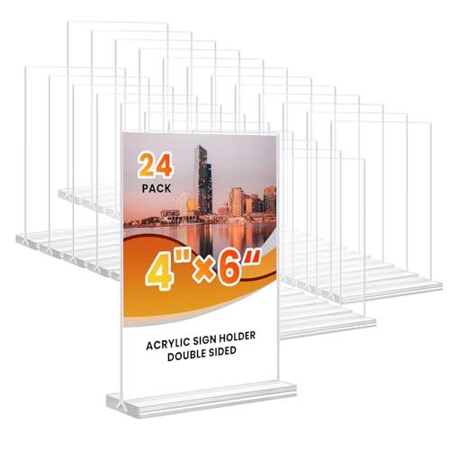 Acrylic Sign Holder 4x6, 24 Pack Clear Table Menu Vertical Clear Table Double Sided Flyer Display, Plastic Flyer Display Stand,Paper photo Plastic Sign Frame Suitable for Restaurants Office Store Show