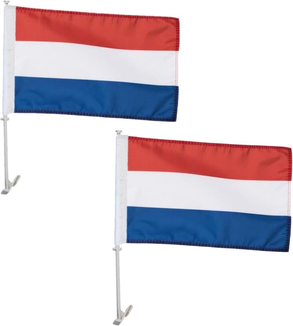 2 Pack Netherlands Car Flags 11" x 17" with Flagpole Mount,Premium 200D Polyester Holland National Car Flag,19" Flagpole Fixed Window Clip Mount for Most Vehicle Window.