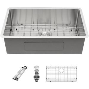 Sarlai 33 Inch Undermount Kitchen Sink - 33 x19 Kitchen Sink Undermount Single Bowl Stainless Steel 16 Gauge Under Counter Sink With Accessories Round Corners
