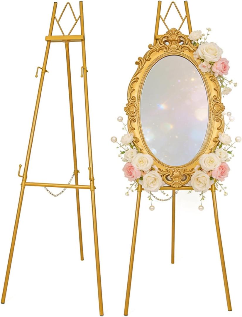 53.9" Gold Easel Stand for Sign, Heavy Duty Metal Display Easel with Storage Bag, Adjustable Art Easel for Wedding Sign, Welcome Sign, Picture