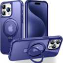 Magnetic Compatible with iPhone 15 Pro Case with Stand [Military Grade Drop Tested][Compatible with Magnet] Ring Translucent Slim Hard Back Soft Edge, Blue