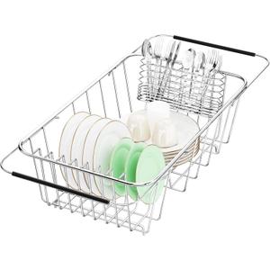Dish Drainer Rack in Sink Adjustable, Expandable 304 Stainless Steel Metal Dish Drying Rack Organizer with Stainless Steel Utensil Holder Over Inside Sink Counter, Rustproof (Small, 14.96''*8.27''*4.33'')