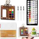 MUZMDNI Mini Watercolor Paint Set Portable, Travel Grid Paint Palette Box with Binder Clips Include Paint, Brush*3 and Picture Album Art Materials Coloring Markers for Travel, Creative Drawing Kit for Beginners and Art Enthusiasts(Brown Wood-S)