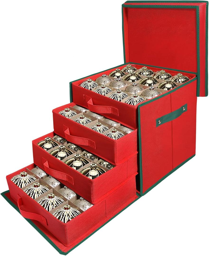 WDZREE Premium Large Christmas Ornament Storage,Box with Side Open, Drawer Style Trays - 3" Compartment, 4 Trays, Keeps 64 Holiday Ornaments -Made of Durable 600D Oxford Fabric Tear-Proof Material (Red)