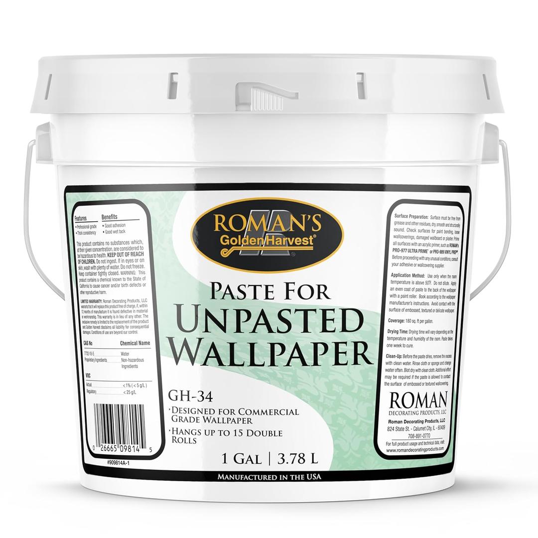 Roman Wheat-Based Wallpaper Paste Adhesive for Delicate Materials, Superior Wet Tack, Easy Application and Cleanup, Clear, GH-34 (1 Gallon - 180 sq. ft)