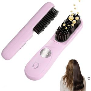 Go Brush Pro for Short Hair, 2026 Upgraded Hair Straightener Brush, Portable Cordless Straightener Brushs for Travel, Fast Heating and LCD Temperature Display, Travel Gift (Pink)