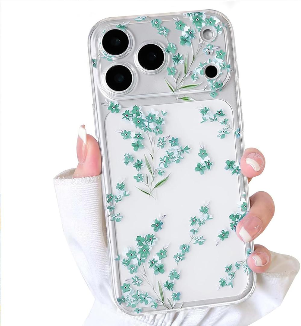 NITITOP Compatible for iPhone 17 Pro Max Case Cute Clear Flower Floral Artistic Design for Women Girls Stylish Slim Soft TPU Shockproof Protective Girly Phone Cover - Green