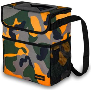 SIBOFUEGO Cute Car Trash Can with Lid Multipurpose Collapsible Trash Bin for Car, Leak-Proof Organizer, Waterproof Garbage Can with Storage Pockets & Adjustable Straps, 2 Gallons (Camo Orange)