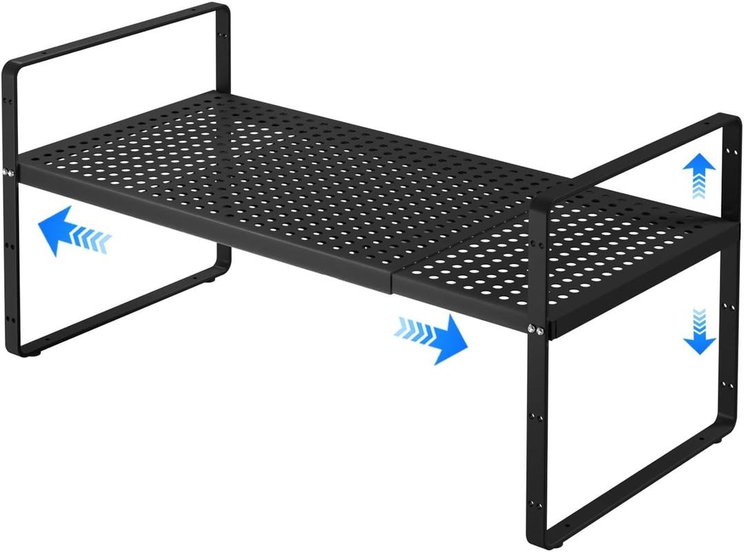 Expandable Cabinet Shelf Organizers, Kitchen Small Stand Rack Organization for Countertop Cupborad Pantry Desktop Spice Rack, Black 1 Pack