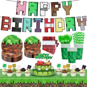 183Pcs Pixel Birthday Party Decorations, Pixel Game Theme Party Supplies Kit, Including Banner, Tablecloth,Hanging Swirls, Plates, Napkins, Cups, Forks, Cake Toppers, Drinking Straws, Serves 24 Guests