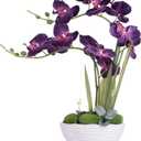 Large Artificial Potted Orchid Plant, Silk Flower Arrangement with Ceramics Vase, Dark Purple