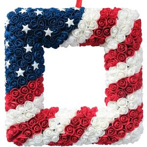18 Inch Patriotic Red White Blue Large Square Shape Flower Wreath for Front Door, Forth of July American Flag Color Soft Touch Floral Wreath for Indoor and Outdoor, Independence Day Home Decor