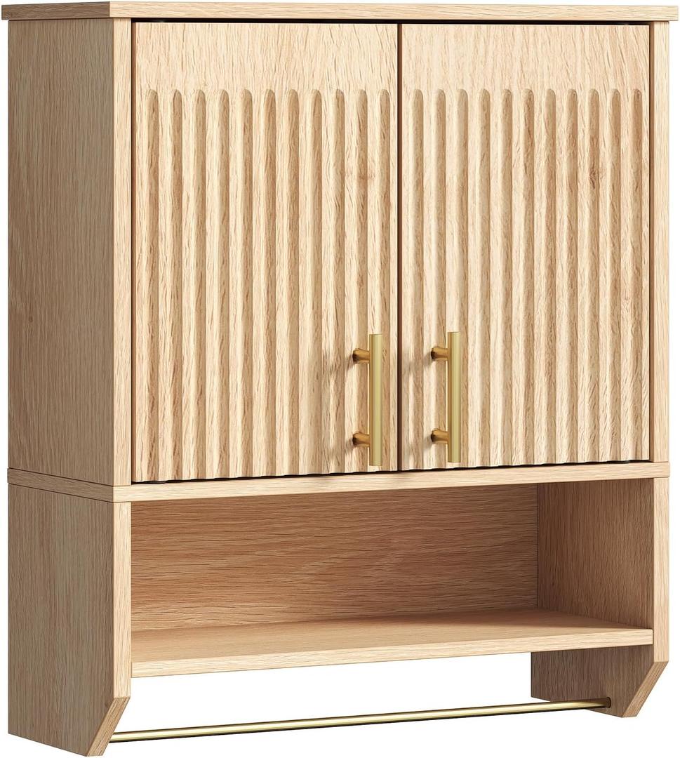 HOOBRO Fluted Bathroom Wall Cabinet, Farmhouse Medicine Cabinet with 2 Fluted Doors, Wall Storage Shelf with Towel Rack, Adjustable Shelf, for Small Spaces, Bathroom, Kitchen, Natural (15.7"L x 7.9"W x 22.4"H)