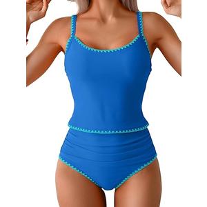 Eomenie Tankini Swimsuit for Women Tummy Control Ruched Two Piece Bathing Suits High Waisted Shell Stitch Swimwear (X-Large, Blue)